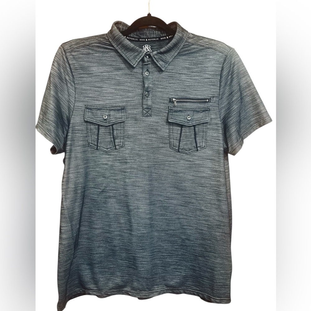 Rock & Republic Polo Shirt Mens XXL  Gray Chambray Short Sleeve Casual Grunge